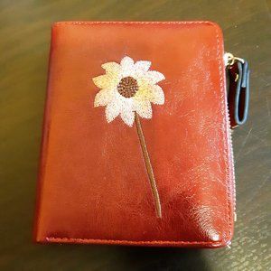 New Faux Leather RFID Bifold Reddish Brown Cognac Wallet with Embroidered Flower